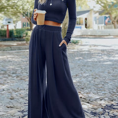 Solid Casual Two piece Set Crew Neck Long Sleeve Tops & Draped Wide Leg Pants