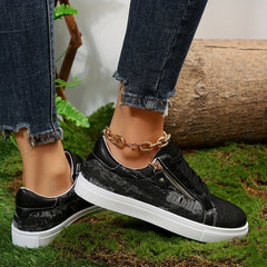 Women's Denim Flat Sneakers Lace Up & Zipper Low Top Shoes
