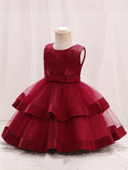 Baby Girls Floral Sleeveless Backless Layered Mesh Princess Dress