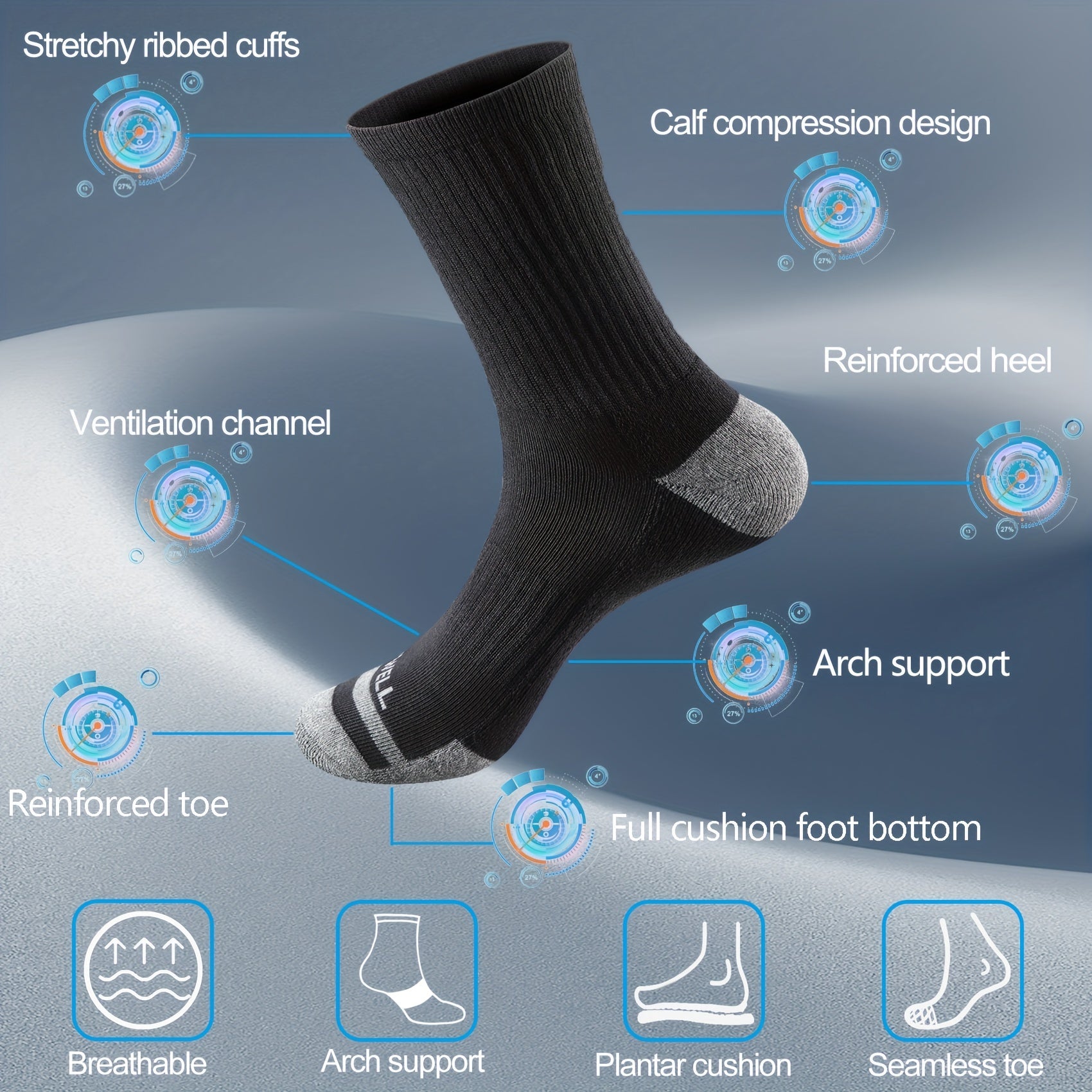 5 Pairs Men's Cotton Cushioned Mid Calf Socks for Outdoor Activities
