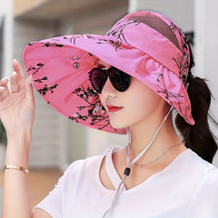Flower Print Wide Brim Ponytail Sun Hat