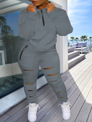 Two Piece Set: Long Sleeve Half Zipper Sweatshirt & Ripped Pants