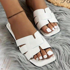 Women's Square Toe Flat Slides Casual Open Toe Slip On Slide Sandals