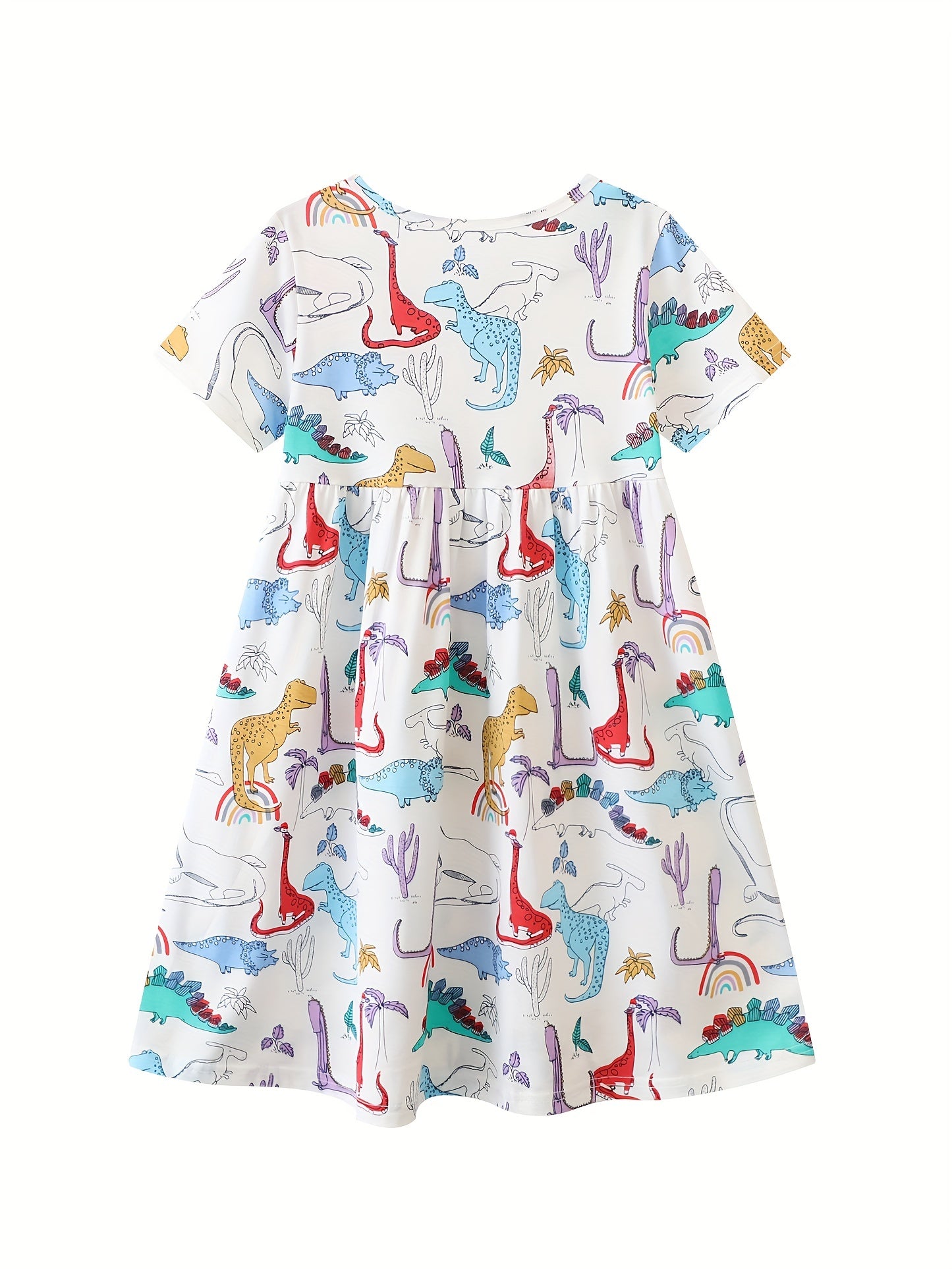Girls Dinosaur Printed Crew Neck Dress Casual Summer Clothes
