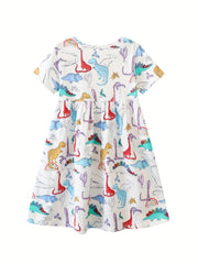 Girls Dinosaur Printed Crew Neck Dress Casual Summer Clothes