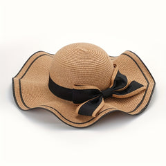 Ruffles Bow Sun Hat French Straw Beach Hat Travel Sunscreen Bucket Hats