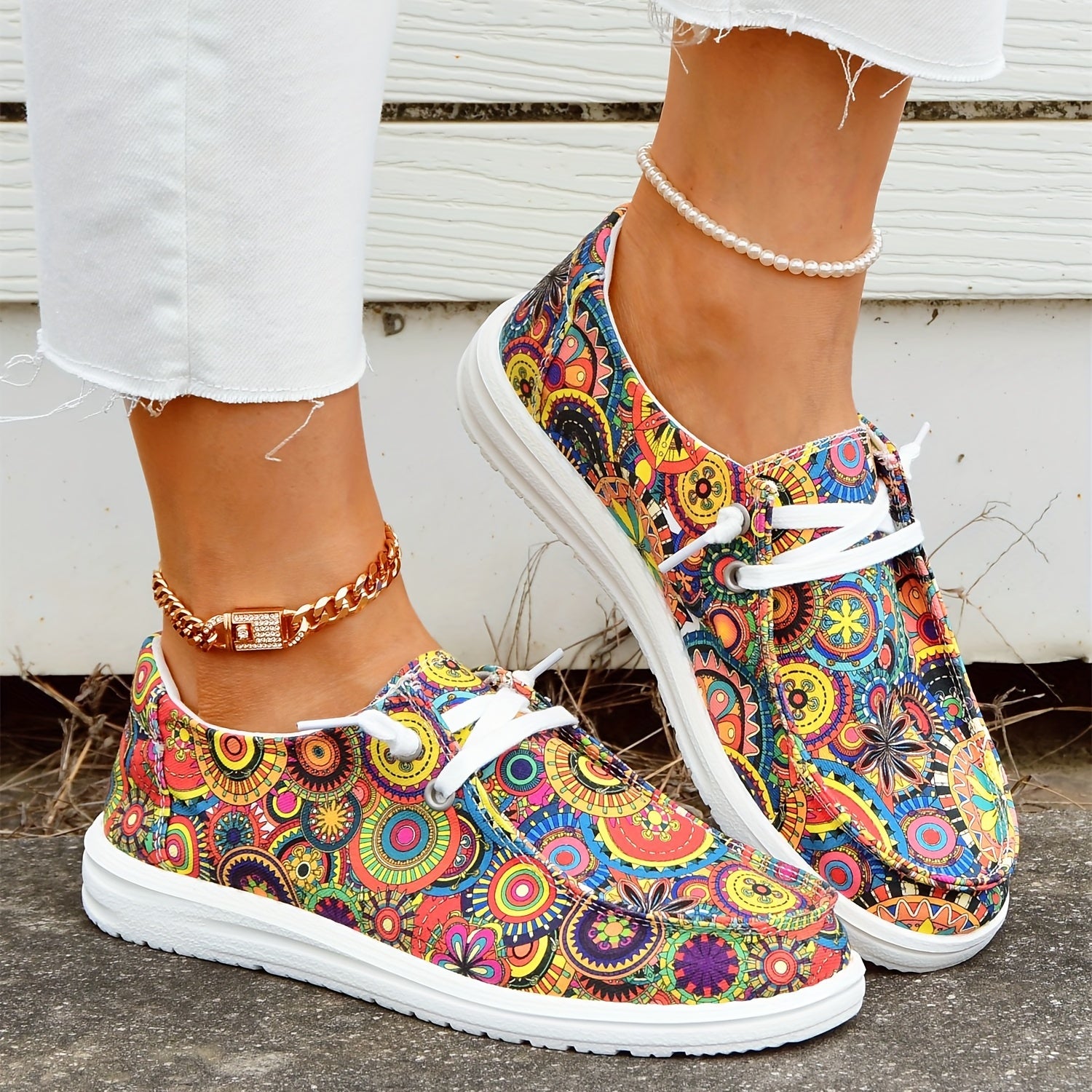 Women's Floral Printed Canvas Flats Casual Walking Sneakers