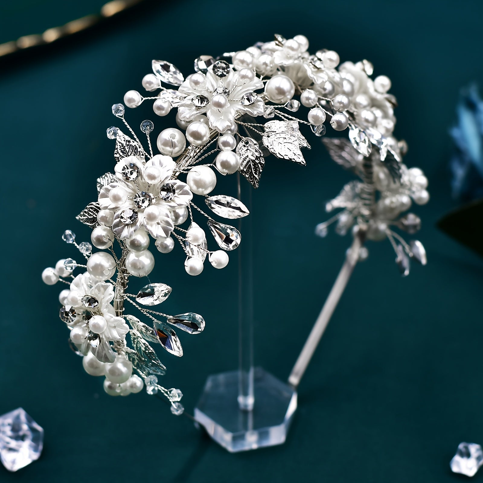 Bridal Headband with Rhinestones & Shell Flowers