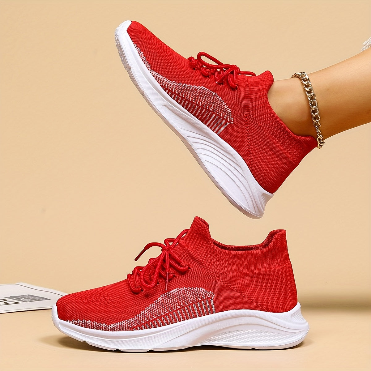 Women's Red Knit Sneakers Lightweight Low Top Lace Up Walking Shoes