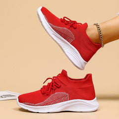 Women's Red Knit Sneakers Lightweight Low Top Lace Up Walking Shoes