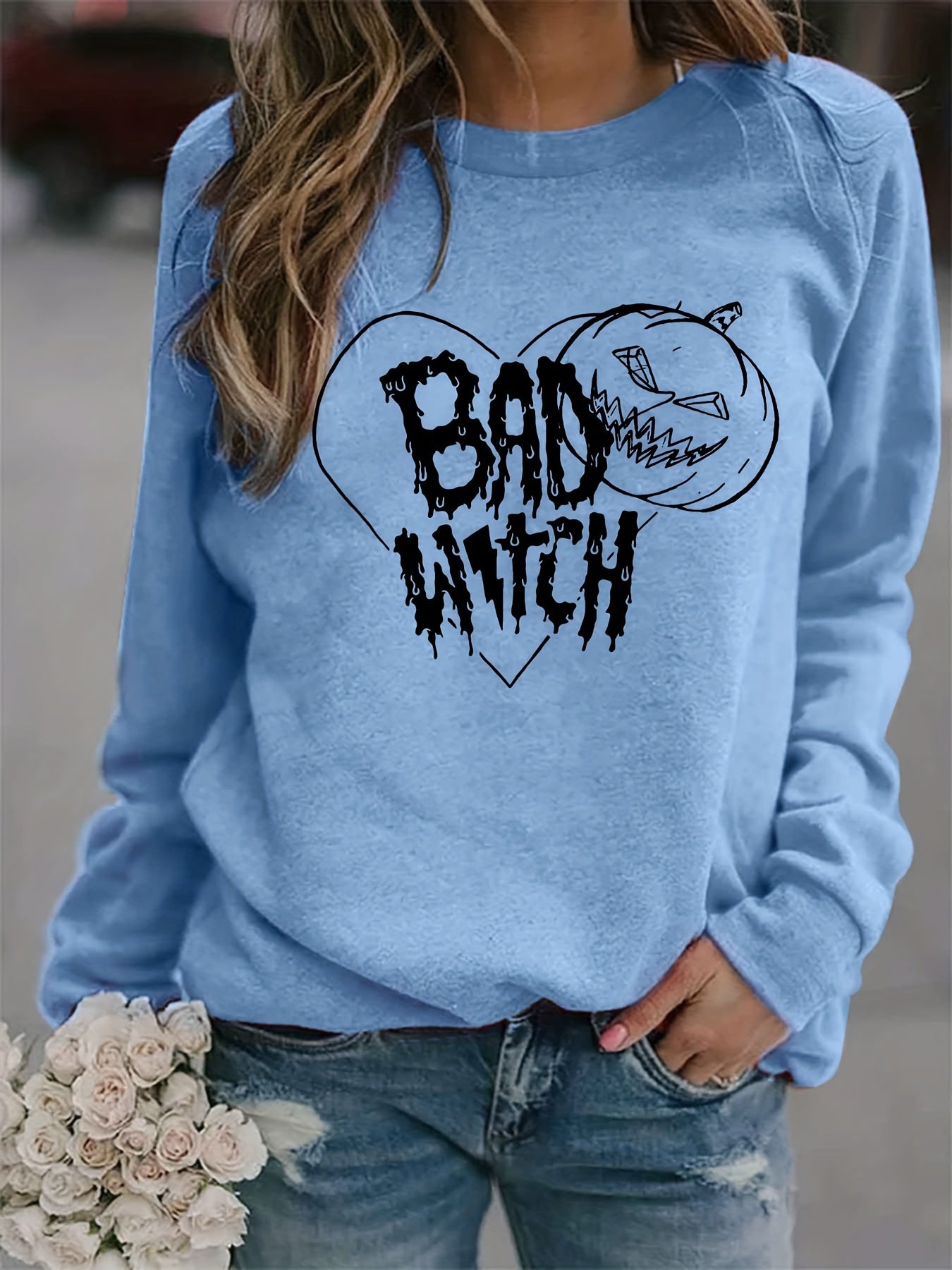 Halloween Bad Witch Print Sweatshirt Long Sleeve Crew Neck Women's Clothing