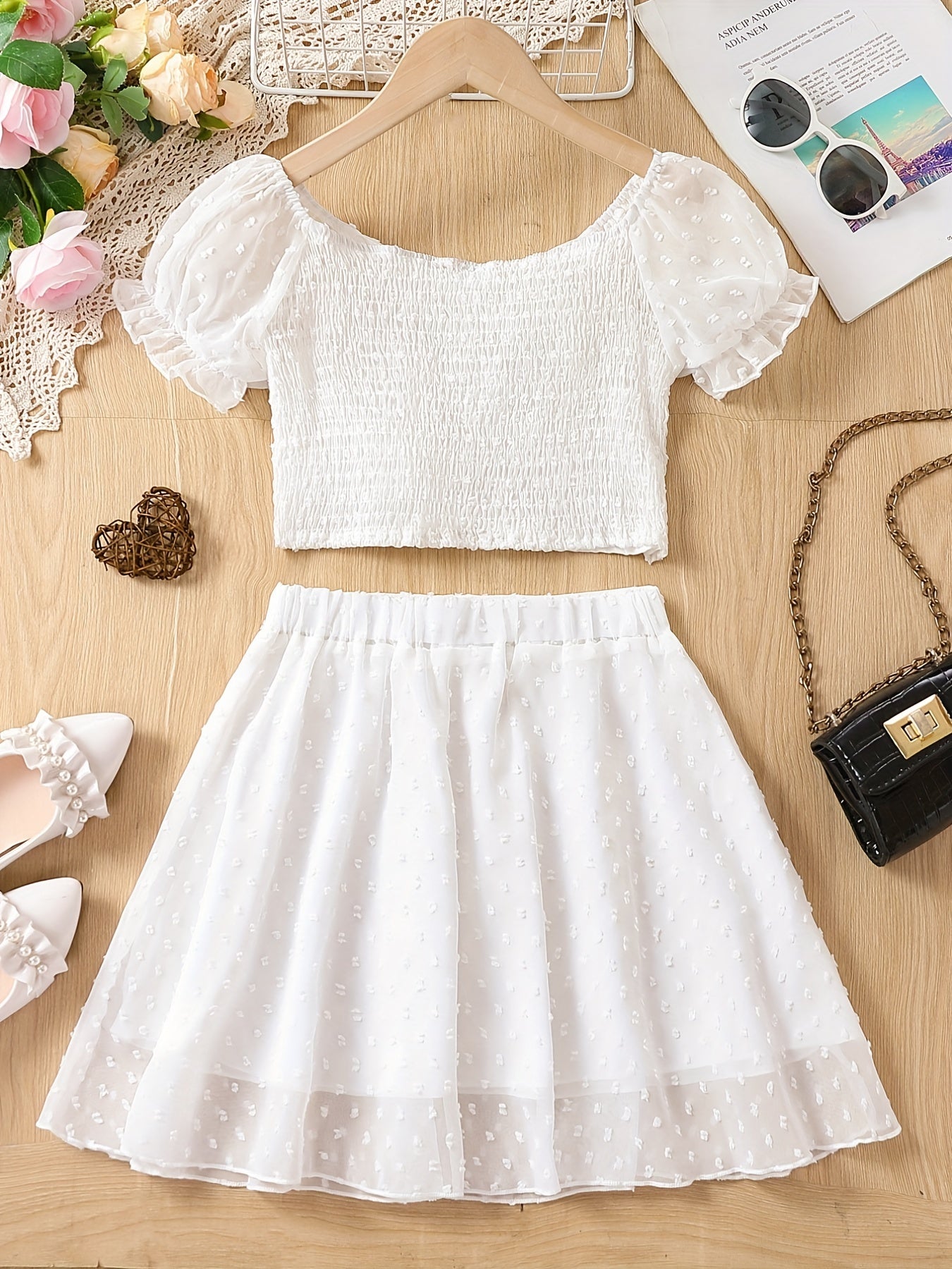 Girls Chiffon Puff Sleeve Cropped Top & Skirt Set for Summer Holiday Party