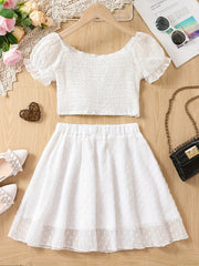 Girls Chiffon Puff Sleeve Cropped Top & Skirt Set for Summer Holiday Party