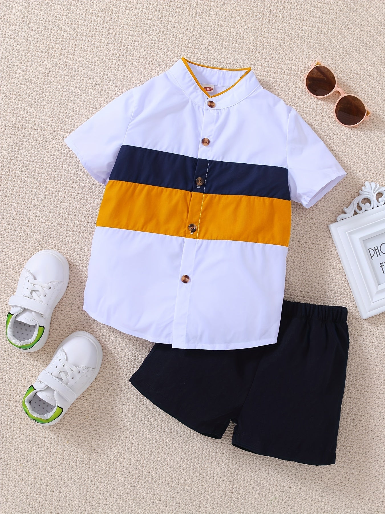 Boys Block Outfit Short Sleeves Stand Collar Shirt & Shorts Set