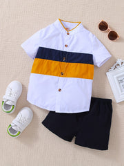 Boys Block Outfit Short Sleeves Stand Collar Shirt & Shorts Set