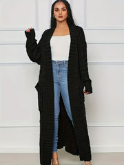 Solid Cable Long Sleeve Maxi Cardigan With Pockets