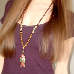 Vintage Nepal Ethnic Style Fish Pendant Long Beaded Necklace