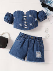 Girls Off Shoulder Denim Top & Ripped Shorts Set
