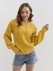 Twist Patten Crew Neck Pullover Sweater Womens Fall Winter Casual Lantern Sleeve