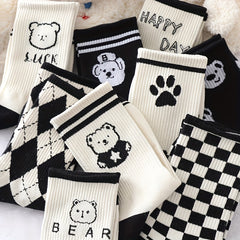 10 Pairs Bear & Plaid Print Socks Mid Tube Women's Stockings