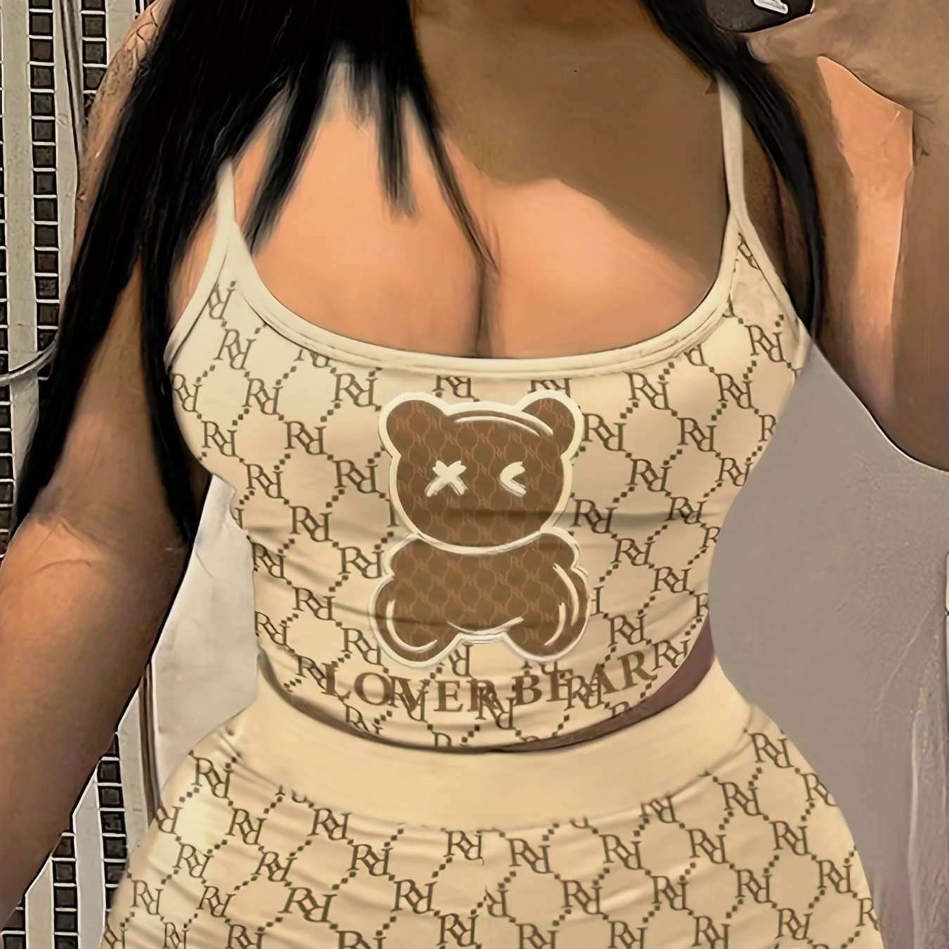Cartoon Bear Print Cami Top & Slim Shorts Set