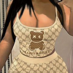 Cartoon Bear Print Cami Top & Slim Shorts Set