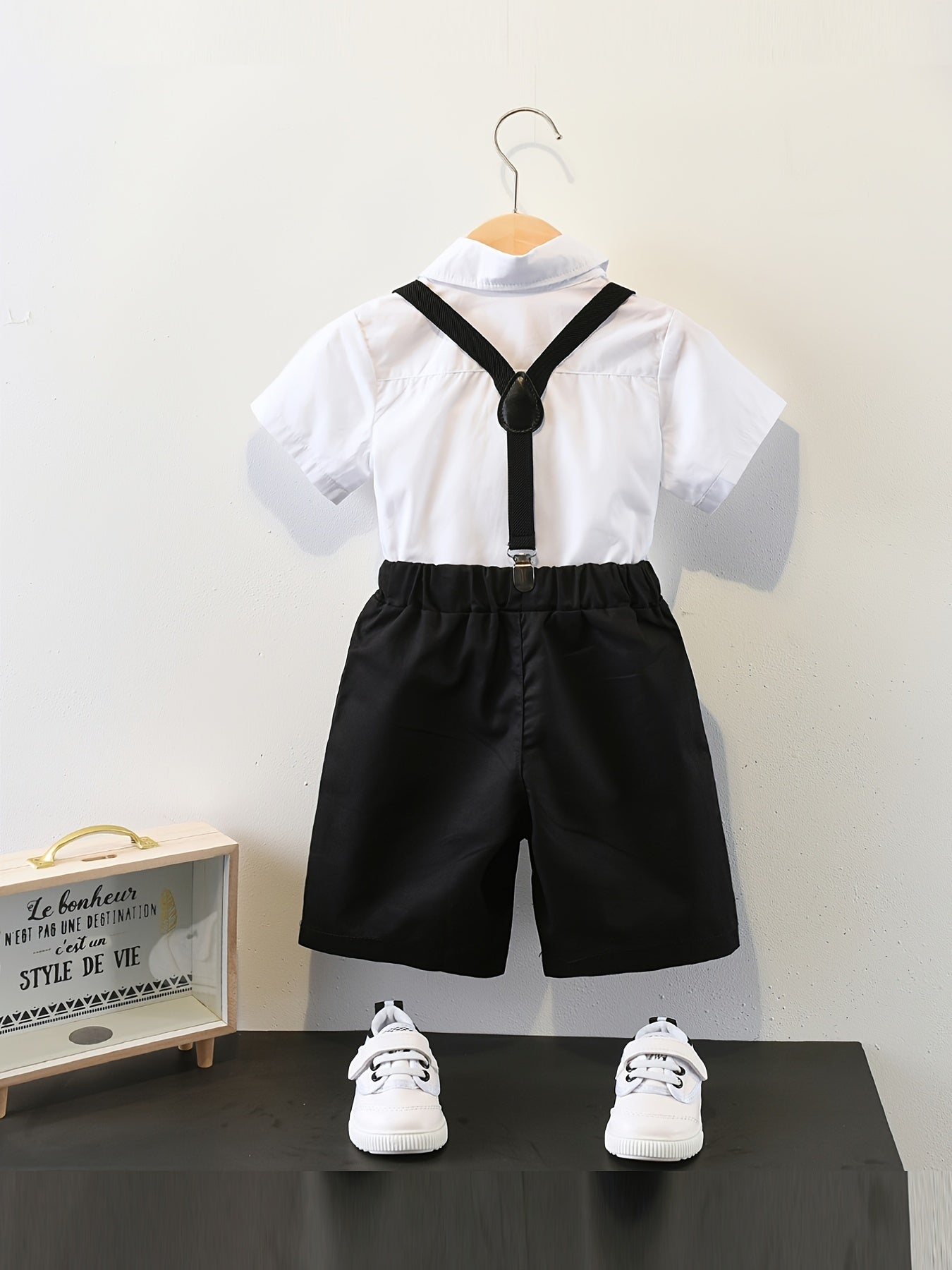 Boys Gentleman Outfit Button Bowtie Short Sleeve Shirt & Suspender Shorts Set