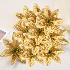 20pcs Golden Red Poinsettia Flower Christmas Decorations