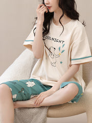 Bunny & Moon Print Pajama Set Short Sleeve Top & Cozy Crop Pants