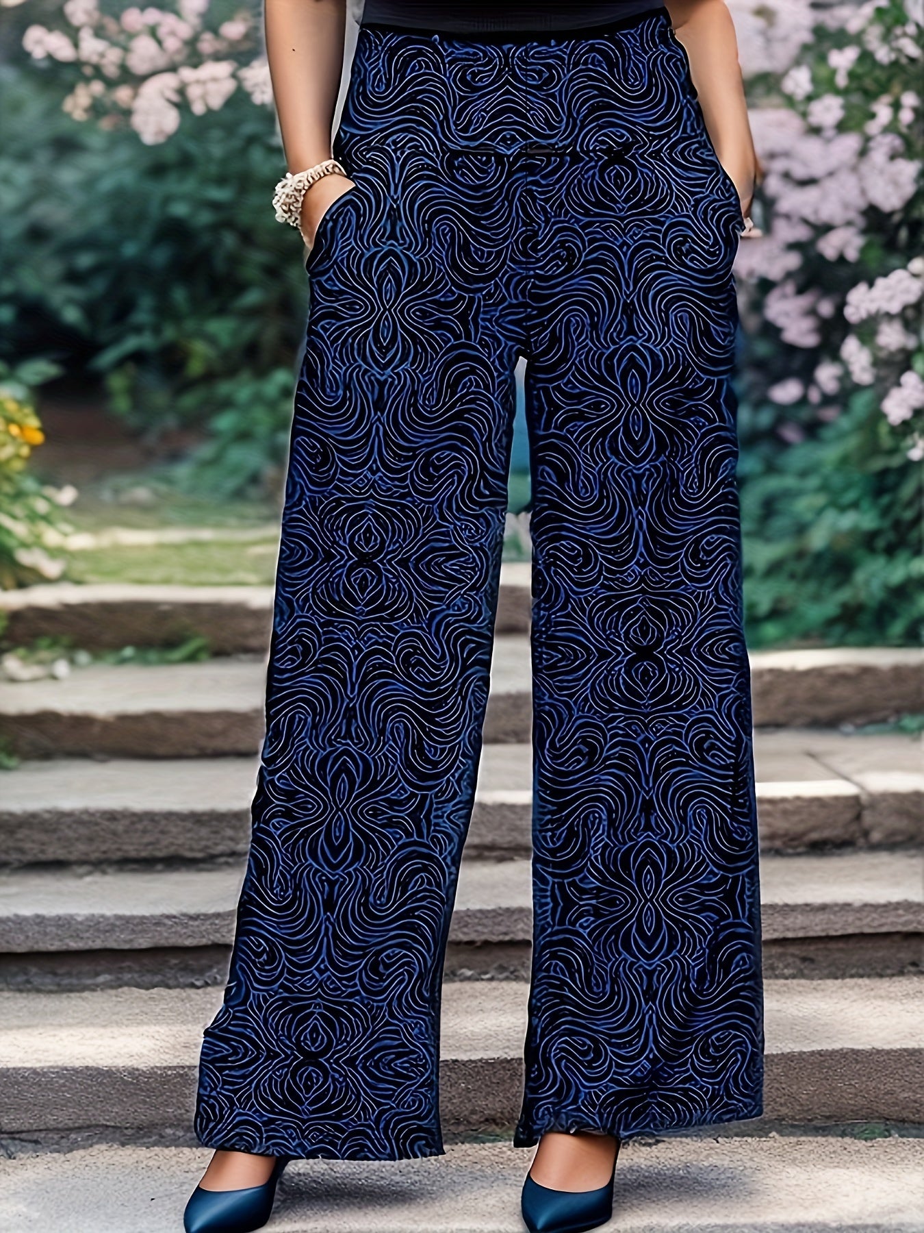 Printed High Rise Wide Leg Trousers With Pockets