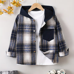 Boys Plaid Hooded Shirts Long Sleeve Button Down Hoodie Tops