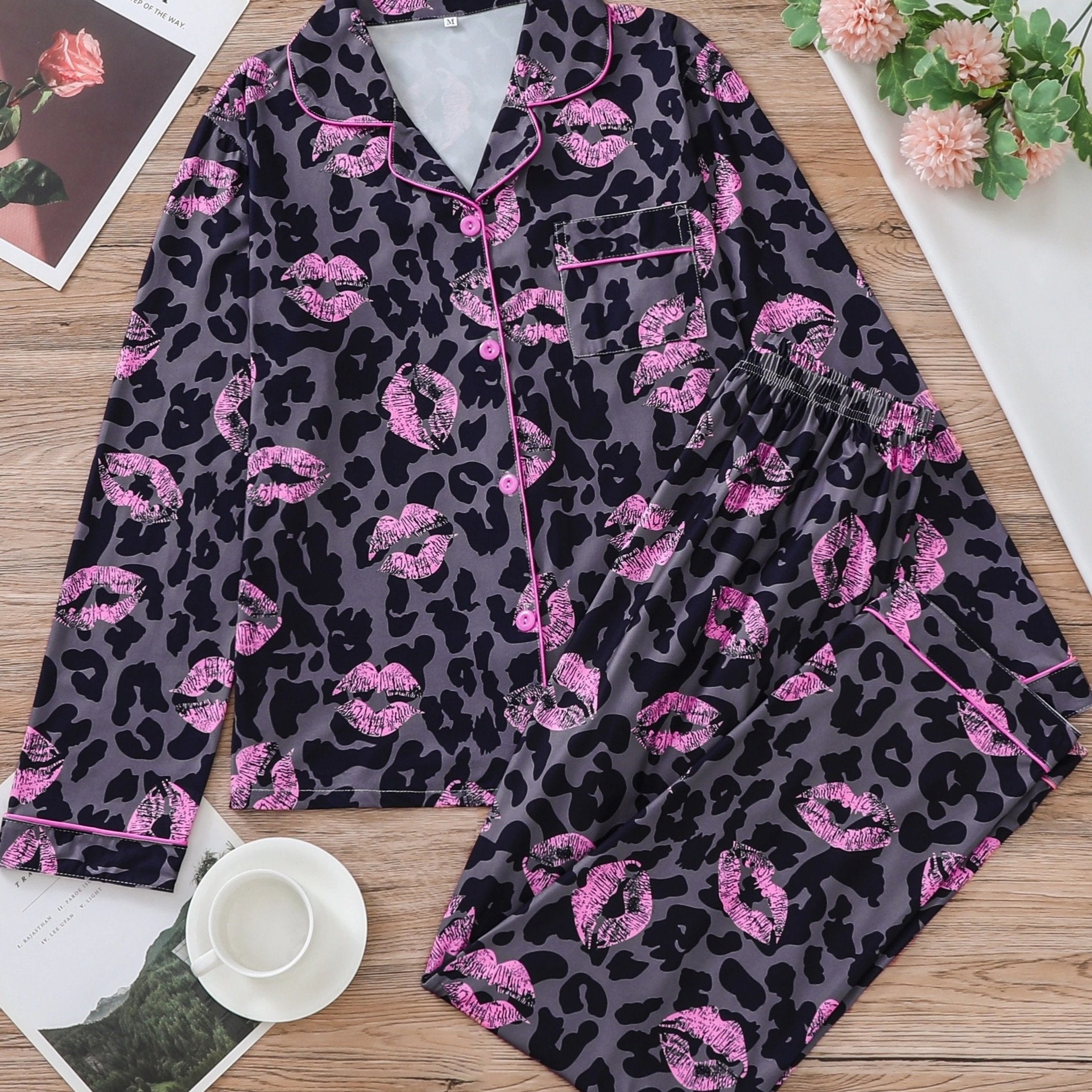 Leopard Pajama Set Long Sleeve Top & Elastic Waistband Pants
