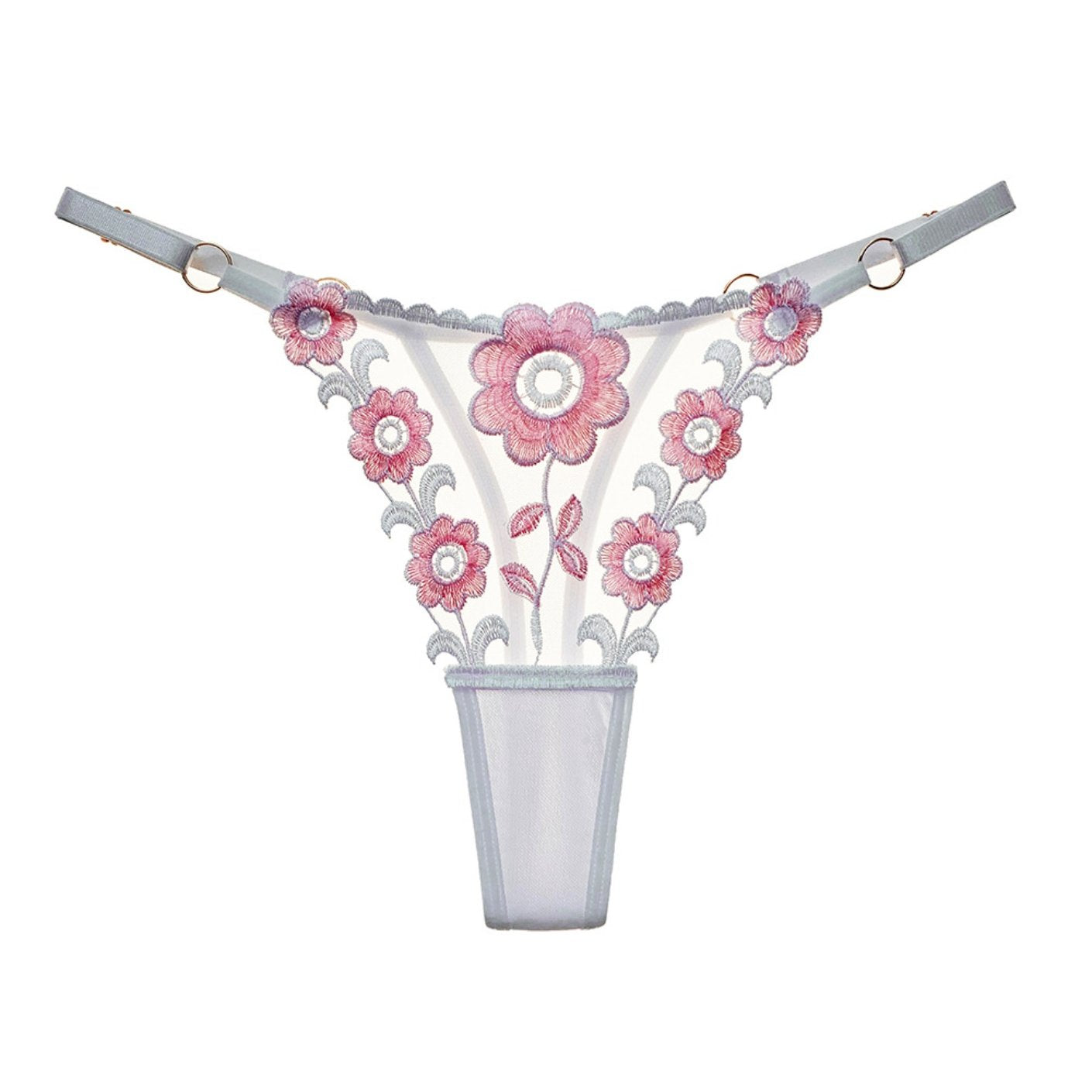 Floral Embroidery Mesh Thongs Colorblock Panties