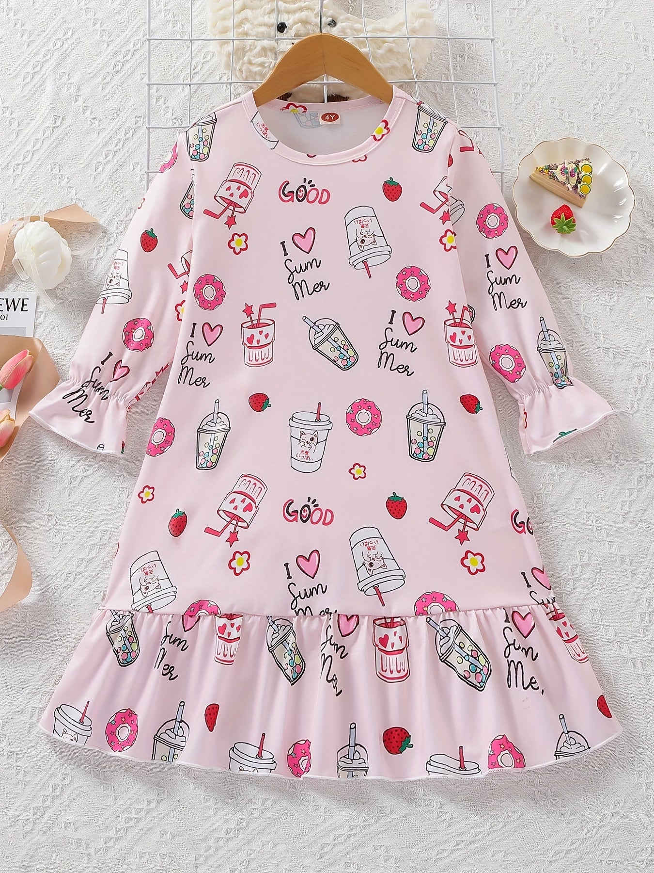 Girl's Long Sleeve Nightgown Cartoon Drinks Print PJ Comfy Soft Nightdress
