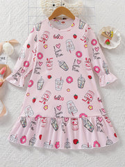 Girl's Long Sleeve Nightgown Cartoon Drinks Print PJ Comfy Soft Nightdress