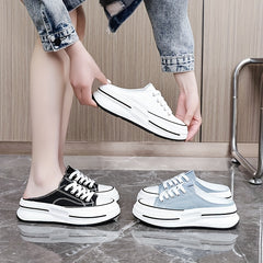 Women's Platform Canvas Shoes Mule Sneakers Lace Up Comfortable Walking