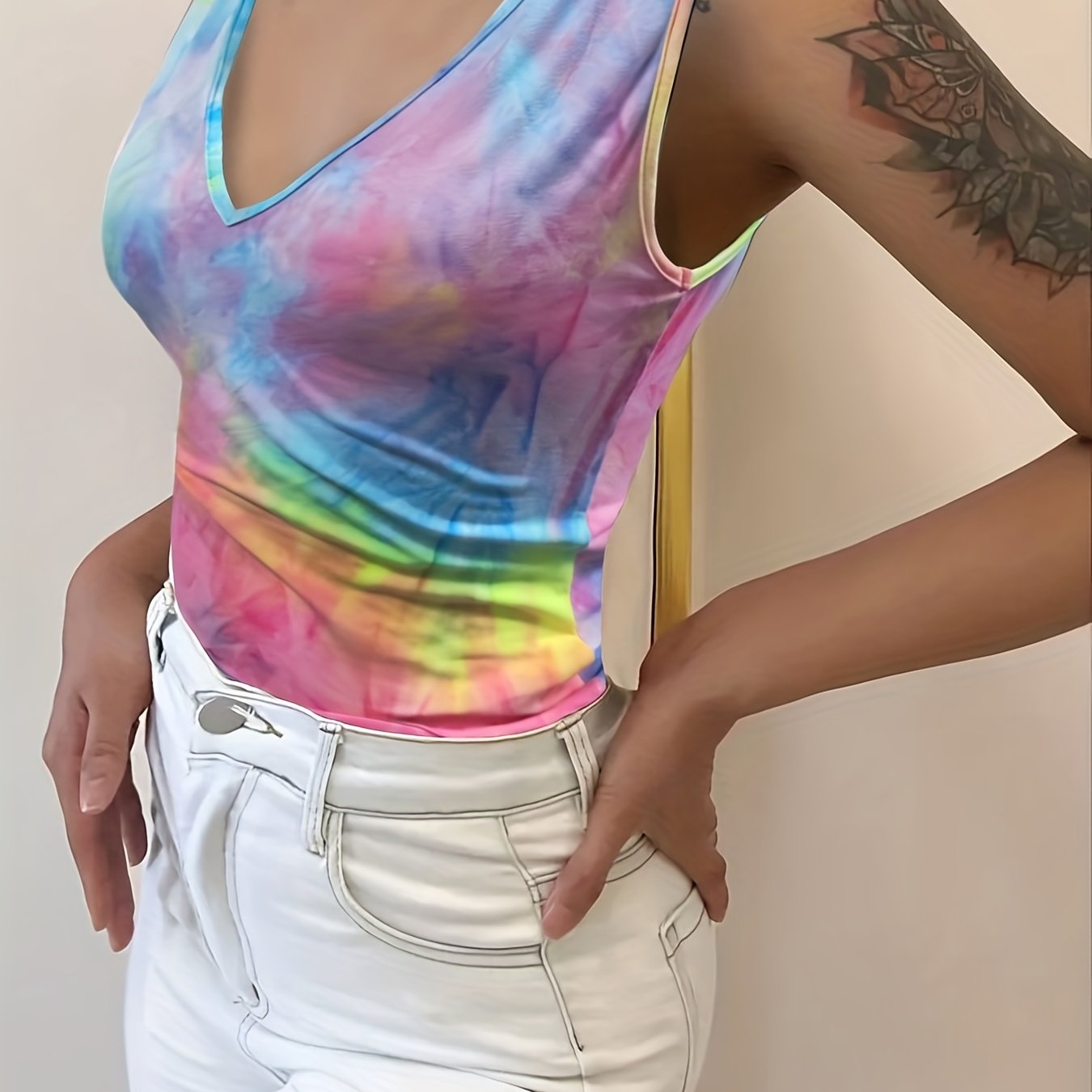 Tie Dye Print Tank Top V Neck Summer Sleeveless Women's Clothing