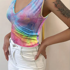 Tie Dye Print Tank Top V Neck Summer Sleeveless Women's Clothing