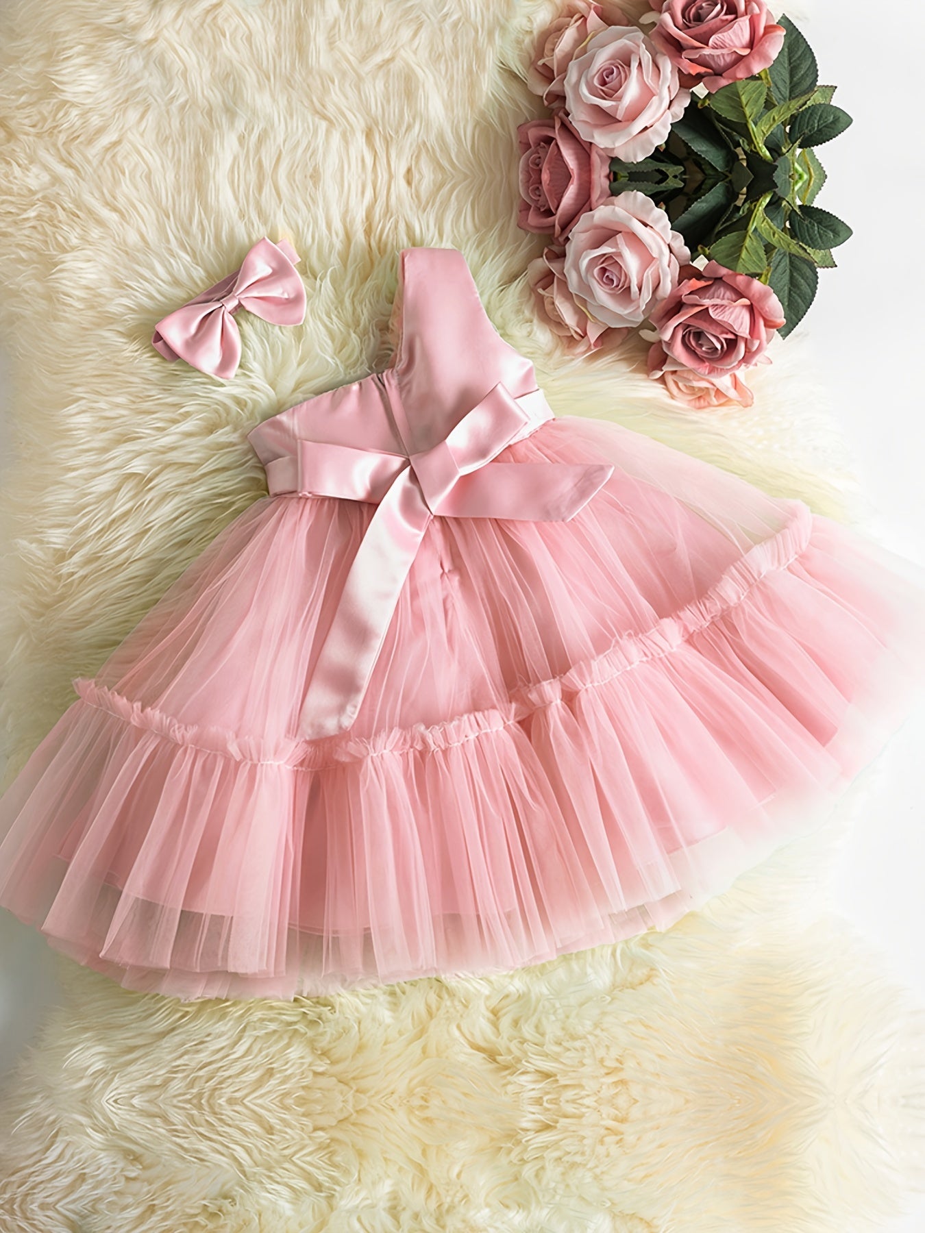 2pcs Baby Girls Cold Shoulder Bowknot Mesh Princess Dress & Headband Set