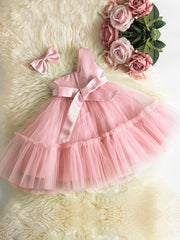 2pcs Baby Girls Cold Shoulder Bowknot Mesh Princess Dress & Headband Set