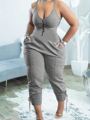 Faith Print V Neck Spaghetti Jumpsuit Sexy Sleeveless Dual Pockets Jumpsuit