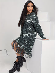 Tie Dye Fringe Trim Long Sleeve Dress