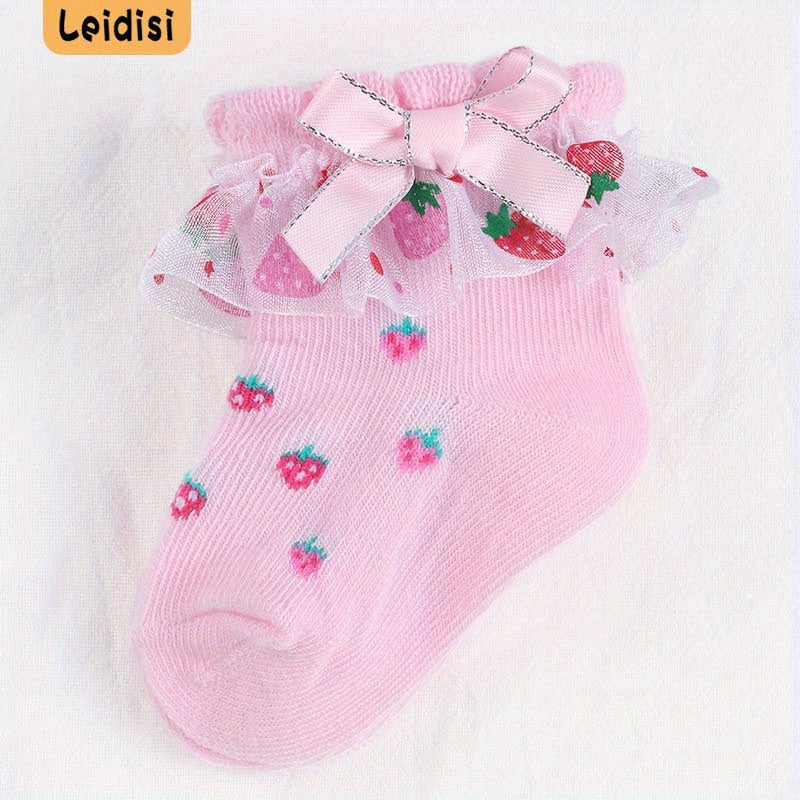 3 Pairs Baby Girl Lace Socks Strawberry Pattern Bowknot Socks