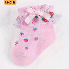 3 Pairs Baby Girl Lace Socks Strawberry Pattern Bowknot Socks