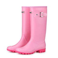 Women's Block Heel Long Rain Boots Buckle Strap Slip On Waterproof Shoes