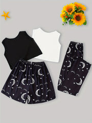 Moon Print Pajama Set 2pcs Crew Neck Tank Top & Elastic Waistband Shorts & Pants