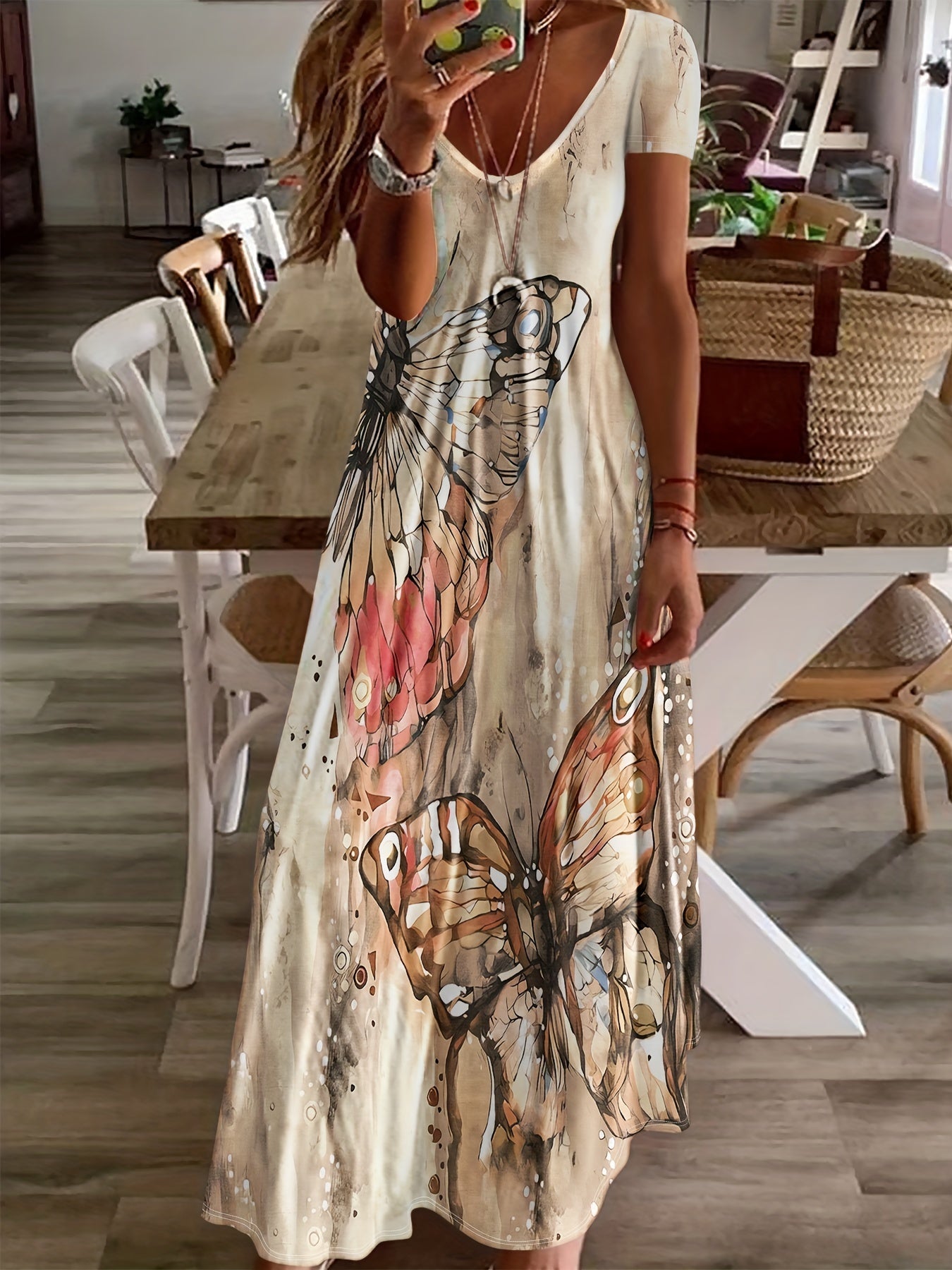 Butterfly Print V Neck Dress Short Sleeve Casual Dress for Spring & Summer