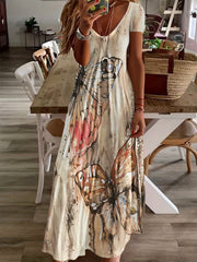 Butterfly Print V Neck Dress Short Sleeve Casual Dress for Spring & Summer