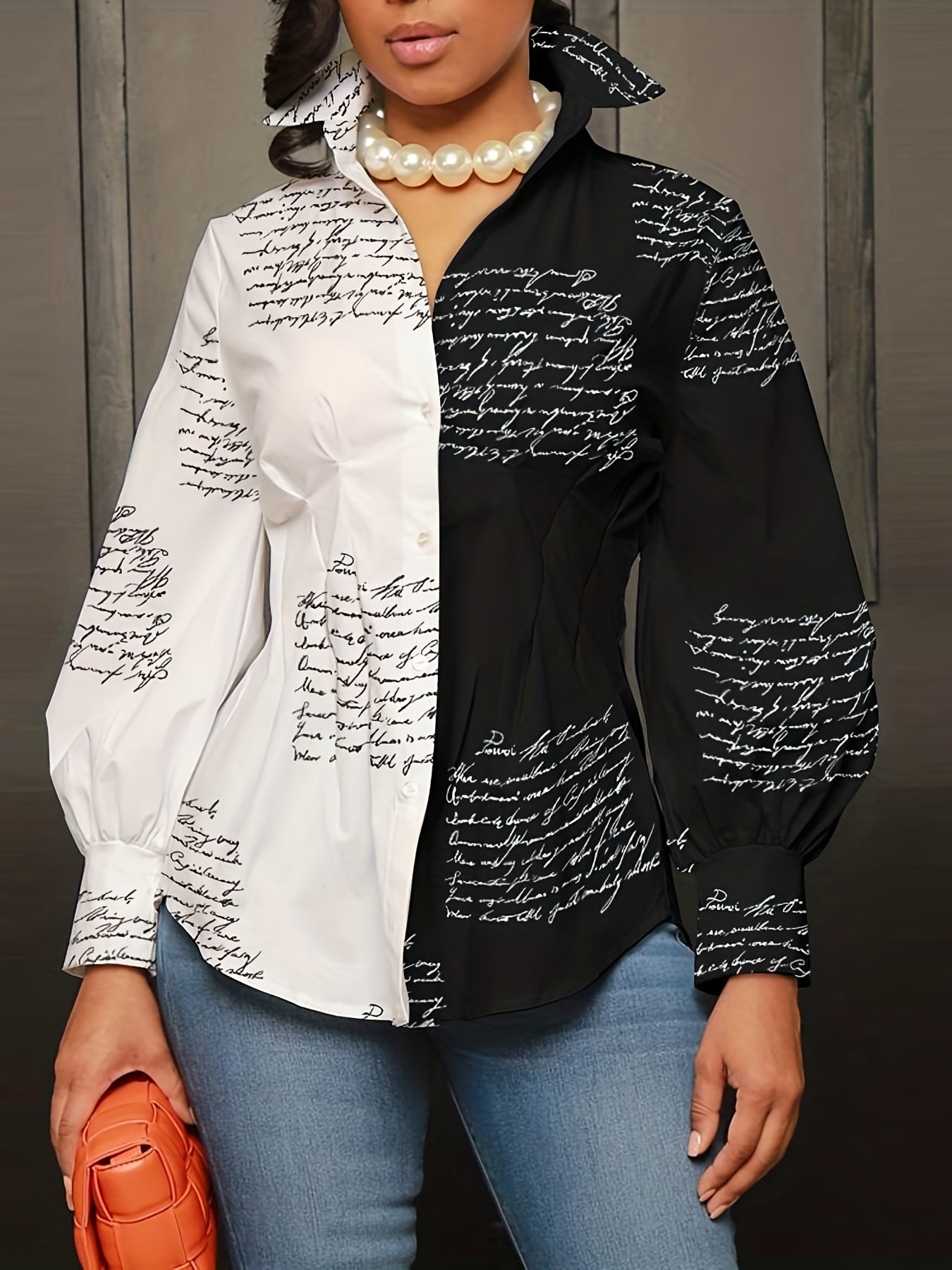 Women's Plus Colorblock Letter Print Long Sleeve Blouse