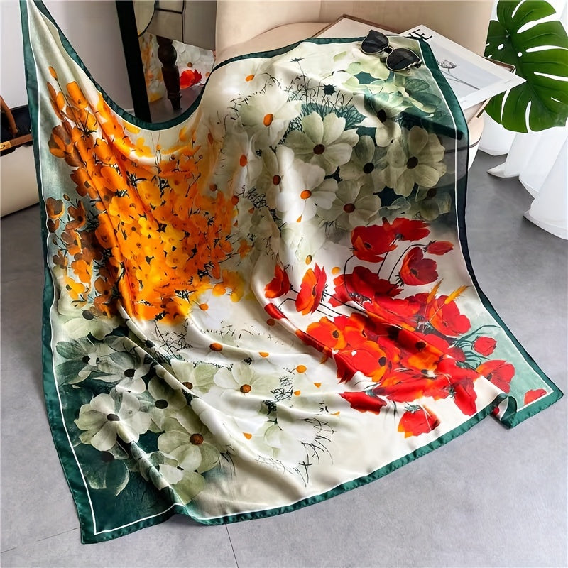 Flower Print Bandana Block Square Scarf Satin Shawl Women Windproof Head Wrap